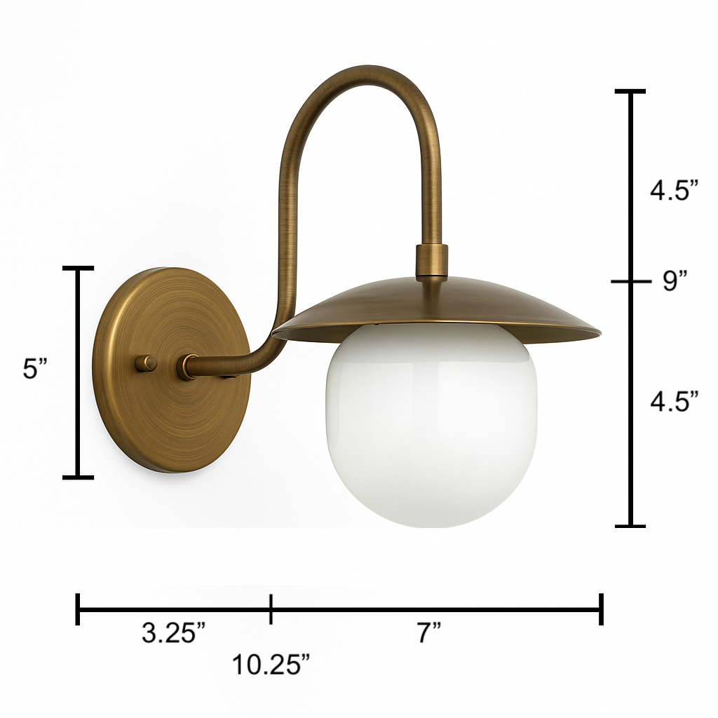 Antique brass wall sconce with curved arm, flat dome shade, and frosted glass globe light. - SCONCE MODEL NO. 7191