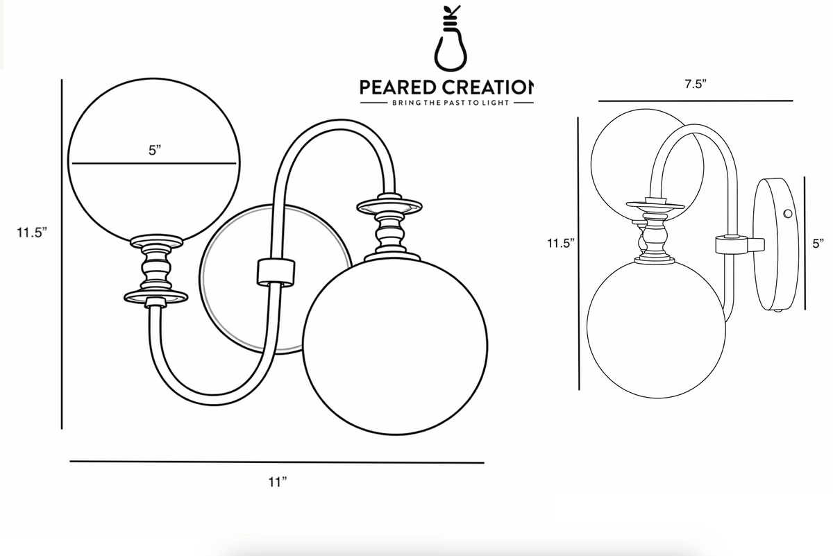 Two-bulb wall sconce with round frosted glass shades and curved metal arms in a symmetrical design, measuring 11" wide and. - SCONCE MODEL NO. 2429