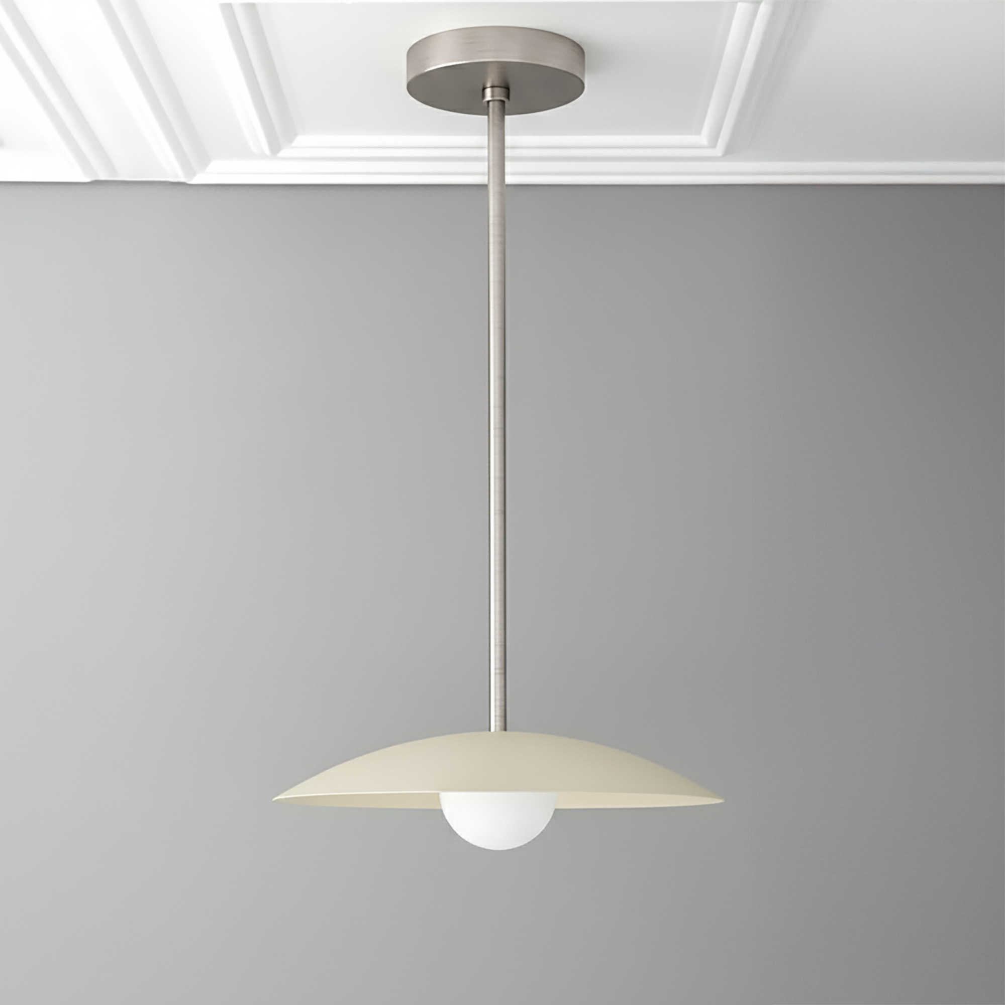 Minimal mid-century modern pendant light with cream disc shade and brushed nickel finish rod. - PENDANT MODEL NO. 4085