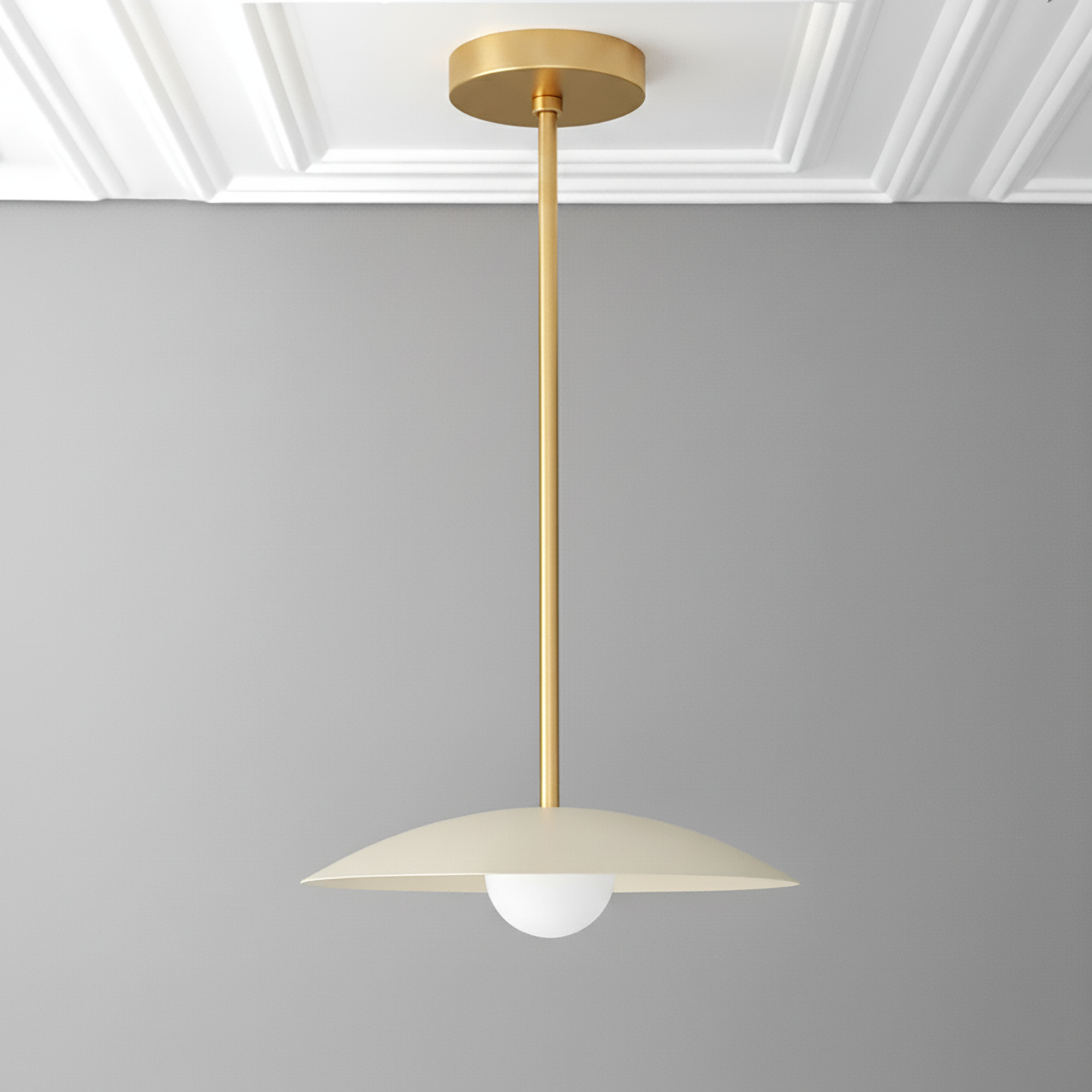 Mid-century modern pendant light with an antique brass rod and cream minimalist globe shade. - PENDANT MODEL NO. 4085
