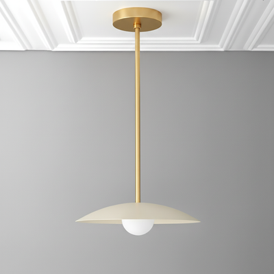 Mid-century modern pendant light with an antique brass rod and cream minimalist globe shade. - PENDANT MODEL NO. 4085