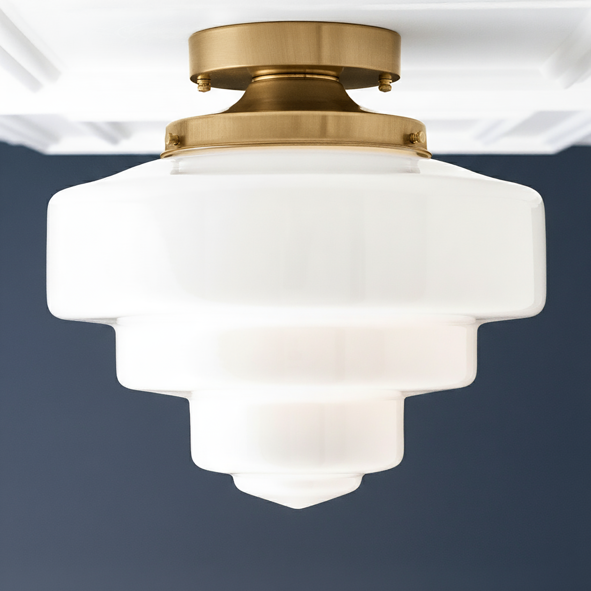 Art Deco tiered white glass globe flush mount ceiling light with raw brass fixture. - CEILING LIGHT MODEL NO. 7458
