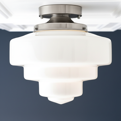 Flush mount ceiling light with stepped white glass globe and brushed nickel fixture. - CEILING LIGHT MODEL NO. 7458