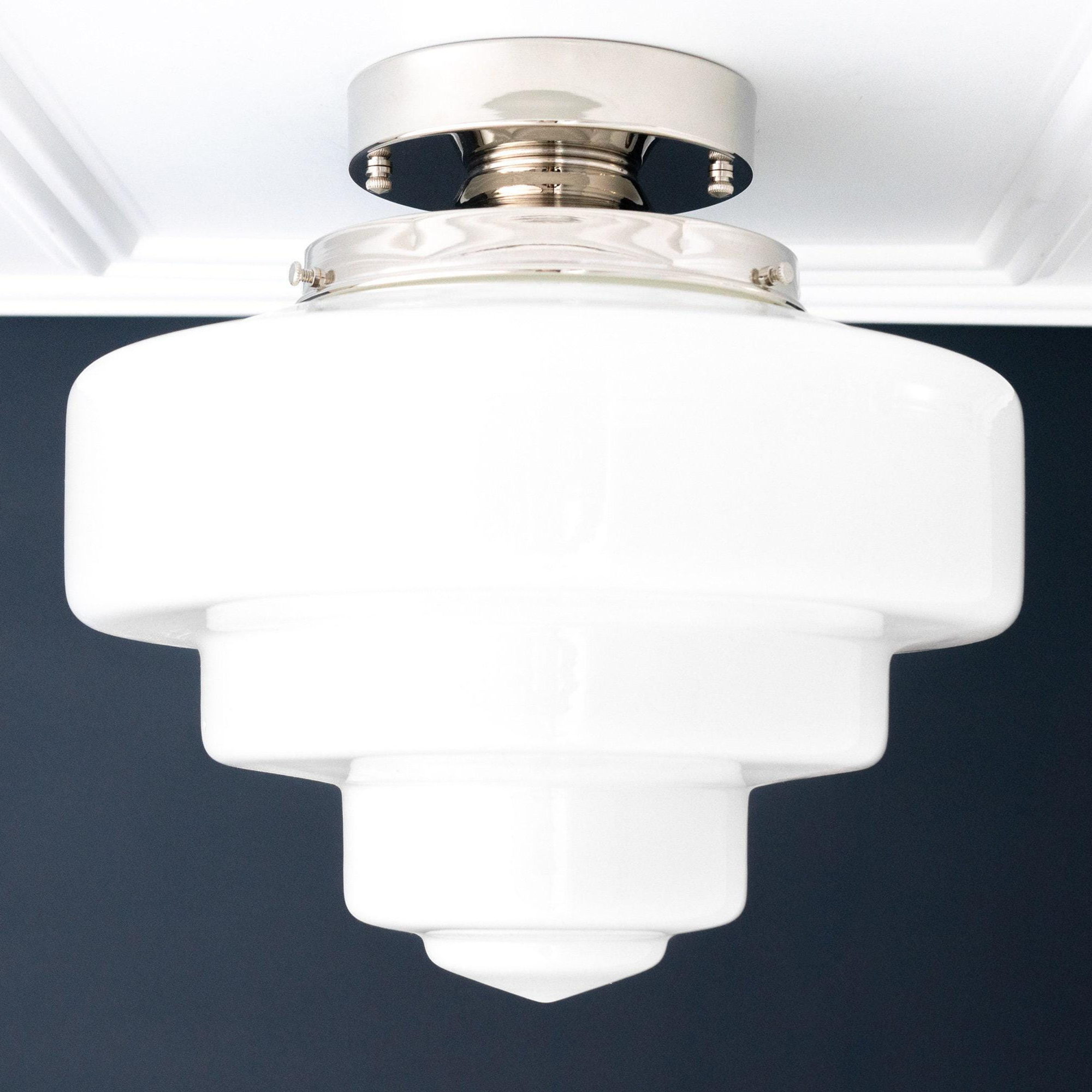 Art Deco flush mount ceiling light with tiered white glass globe and polished nickel base. - CEILING LIGHT MODEL NO. 7458