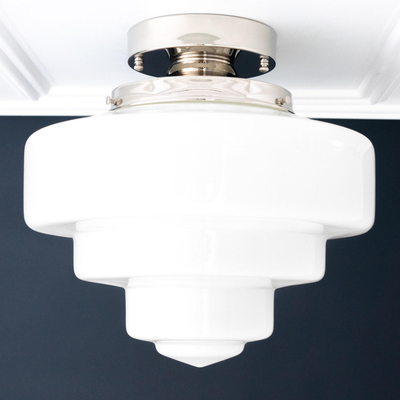 Art Deco flush mount ceiling light with tiered white glass globe and polished nickel base. - CEILING LIGHT MODEL NO. 7458