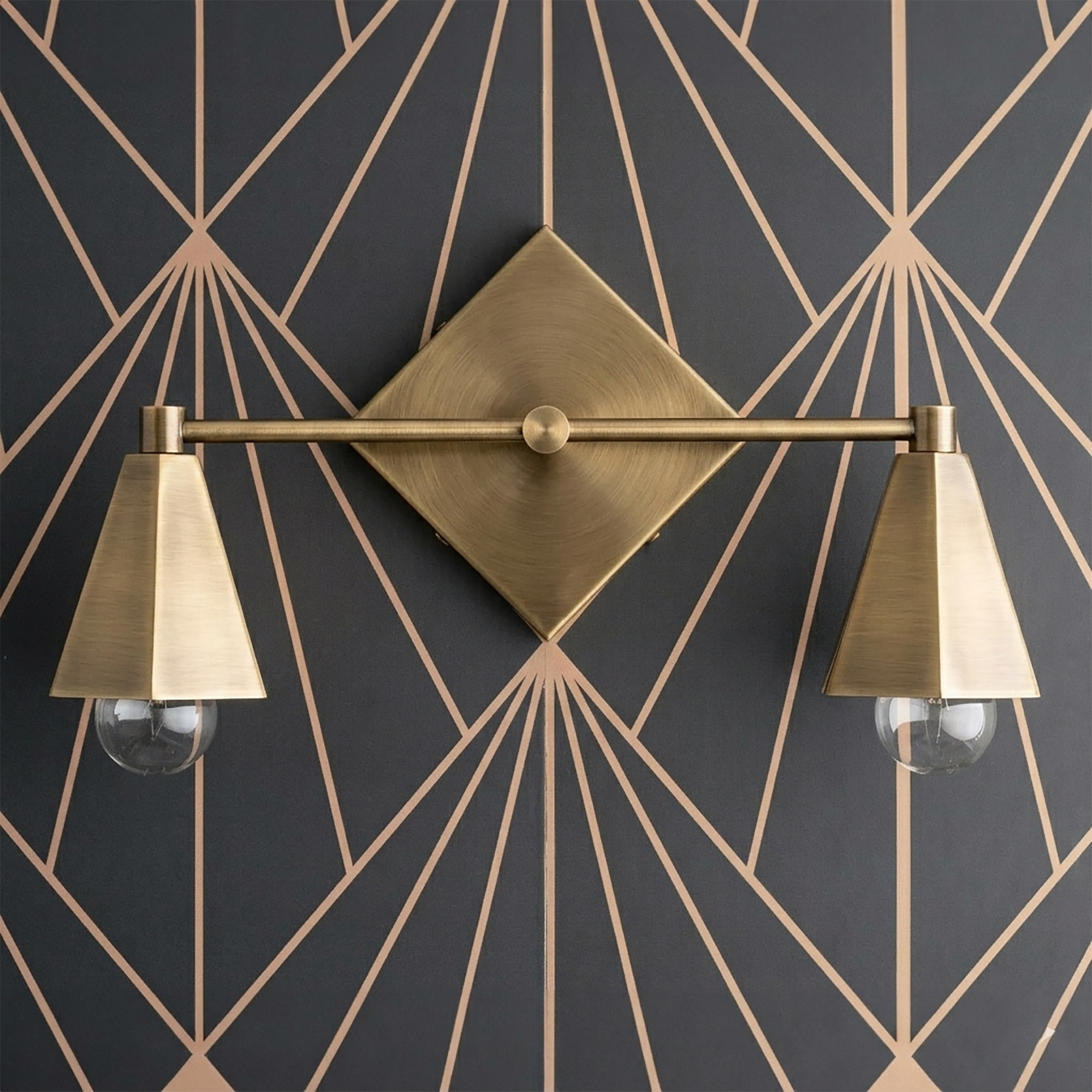 Brushed brass Art Deco two-bulb vanity light with conical shades and square wall mount. - VANITY LIGHT MODEL NO. 4237