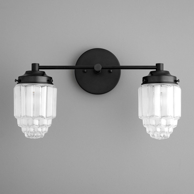 Two-bulb black vanity light with ribbed globe glass shades and round wall mount. - VANITY LIGHT MODEL NO. 9777