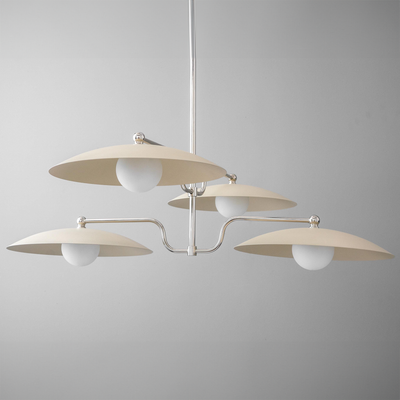 Mid-century modern chandelier with four cream disc shades and brushed metal arms. - CHANDELIER MODEL NO. 1192