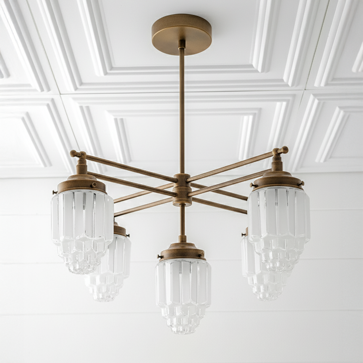 Art Deco chandelier with sealed brass finish and five frosted globe glass shades. - CHANDELIER MODEL NO. 5830