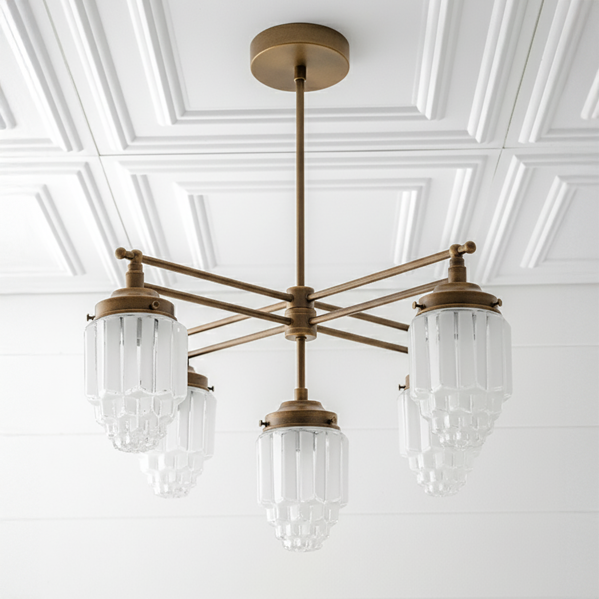 Art Deco chandelier with sealed brass finish and five frosted globe glass shades. - CHANDELIER MODEL NO. 5830
