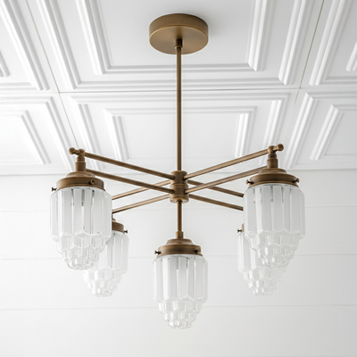 Art Deco chandelier with sealed brass finish and five frosted globe glass shades. - CHANDELIER MODEL NO. 5830