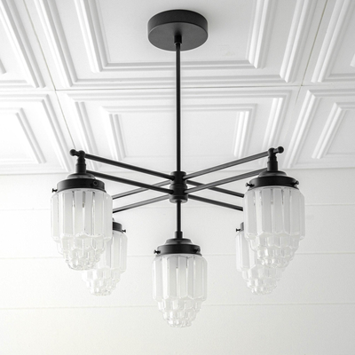 Black Art Deco chandelier with five tiered globe glass shades and a matte black metal frame. - CHANDELIER MODEL NO. 5830