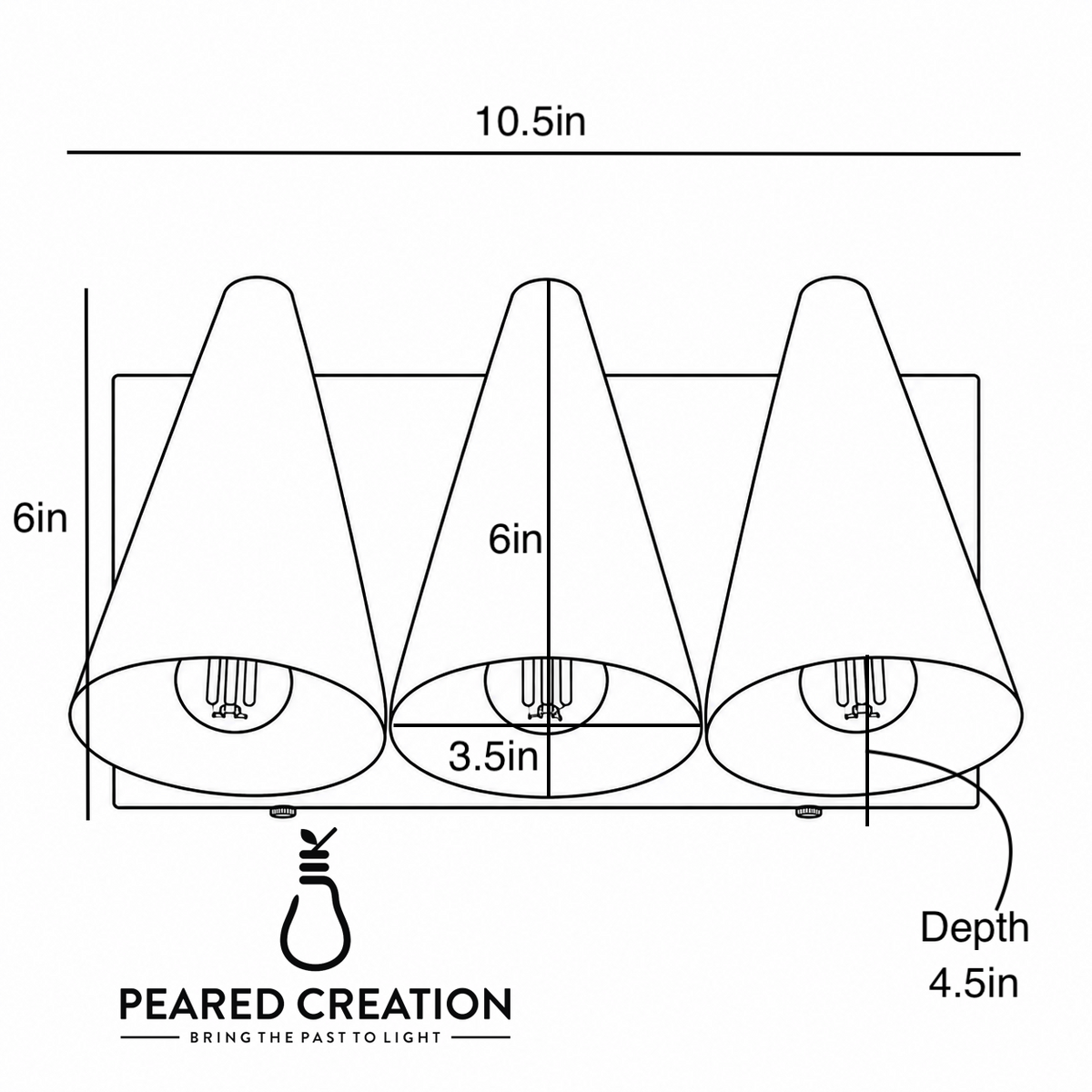 Three-cone-shaped white vanity light shades mounted on a 10.5-inch horizontal metal bar. - VANITY MODEL NO. 2330