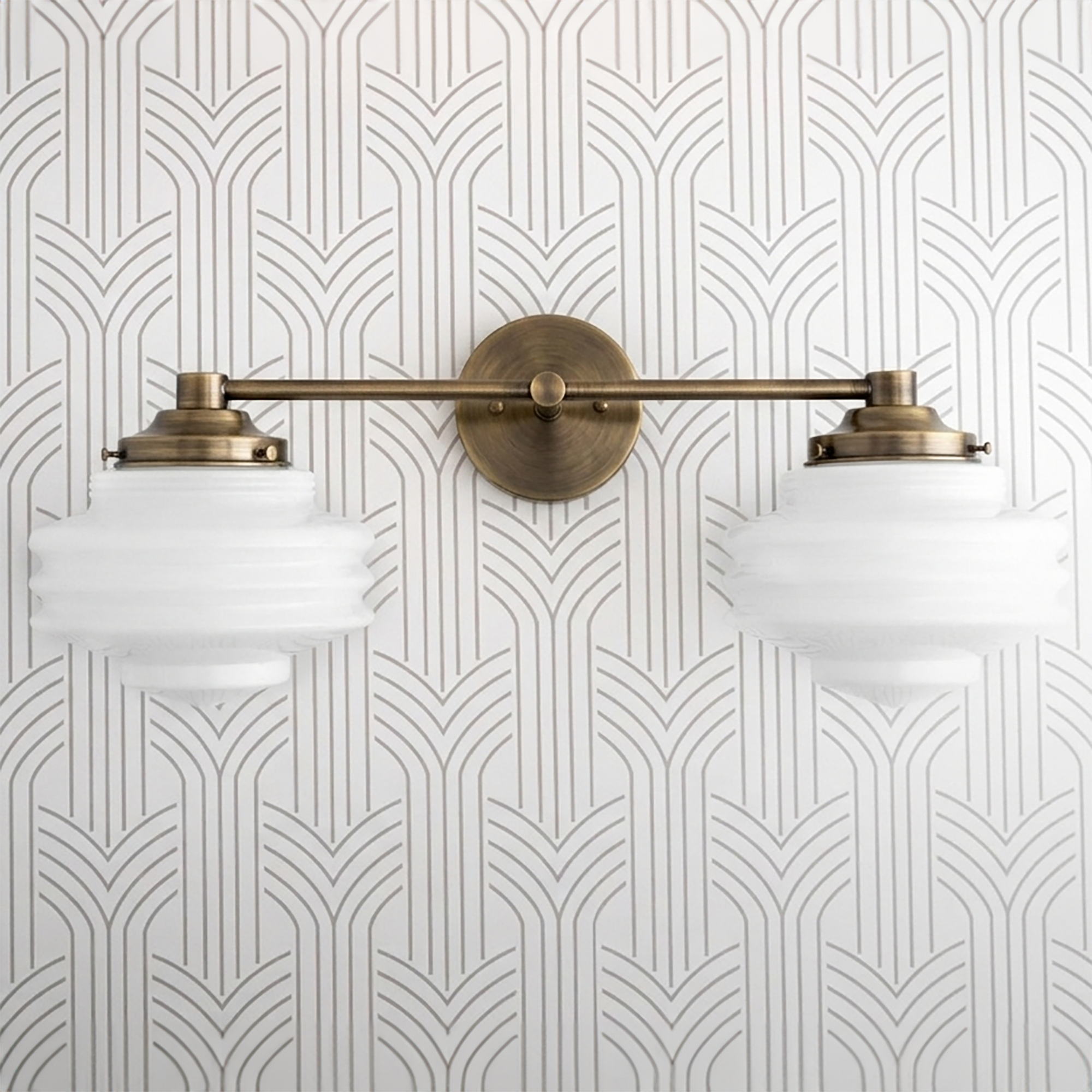 Two-bulb vanity light with brushed brass finish and frosted white glass globes in Art Deco style. - VANITY LIGHT MODEL NO. 9479