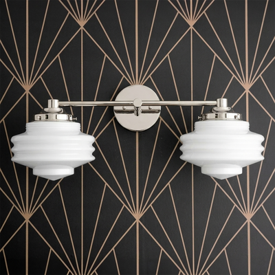 Brushed nickel two-bulb vanity light with white ribbed glass globe shades in Art Deco style. - VANITY LIGHT MODEL NO. 9479