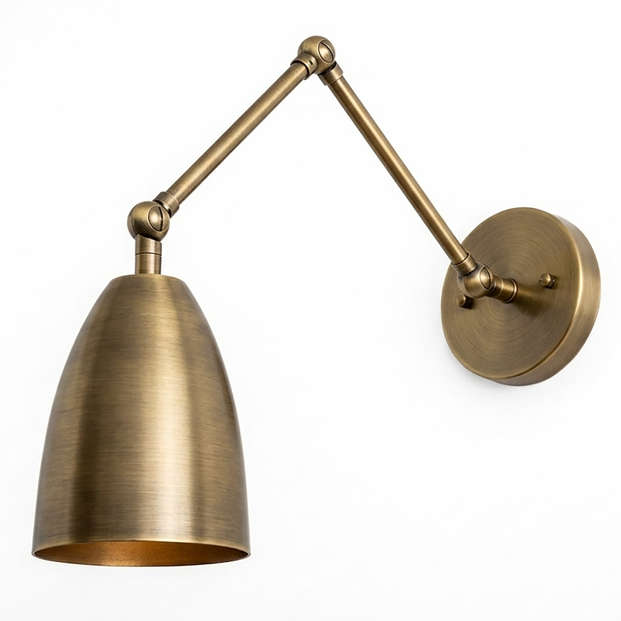 Adjustable brass wall sconce with conical shade and dual-jointed arm mount. - SCONCE MODEL NO. 0107