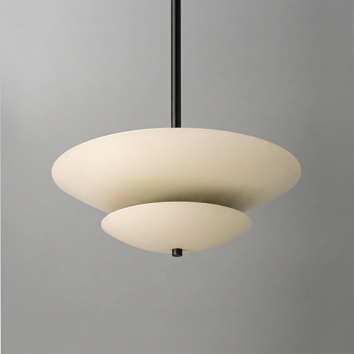 Mid-century modern chandelier with two matte white disc-shaped shades suspended on a black rod. - CHANDELIER MODEL NO. 3434