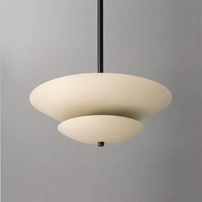Mid-century modern chandelier with two matte white disc-shaped shades suspended on a black rod. - CHANDELIER MODEL NO. 3434