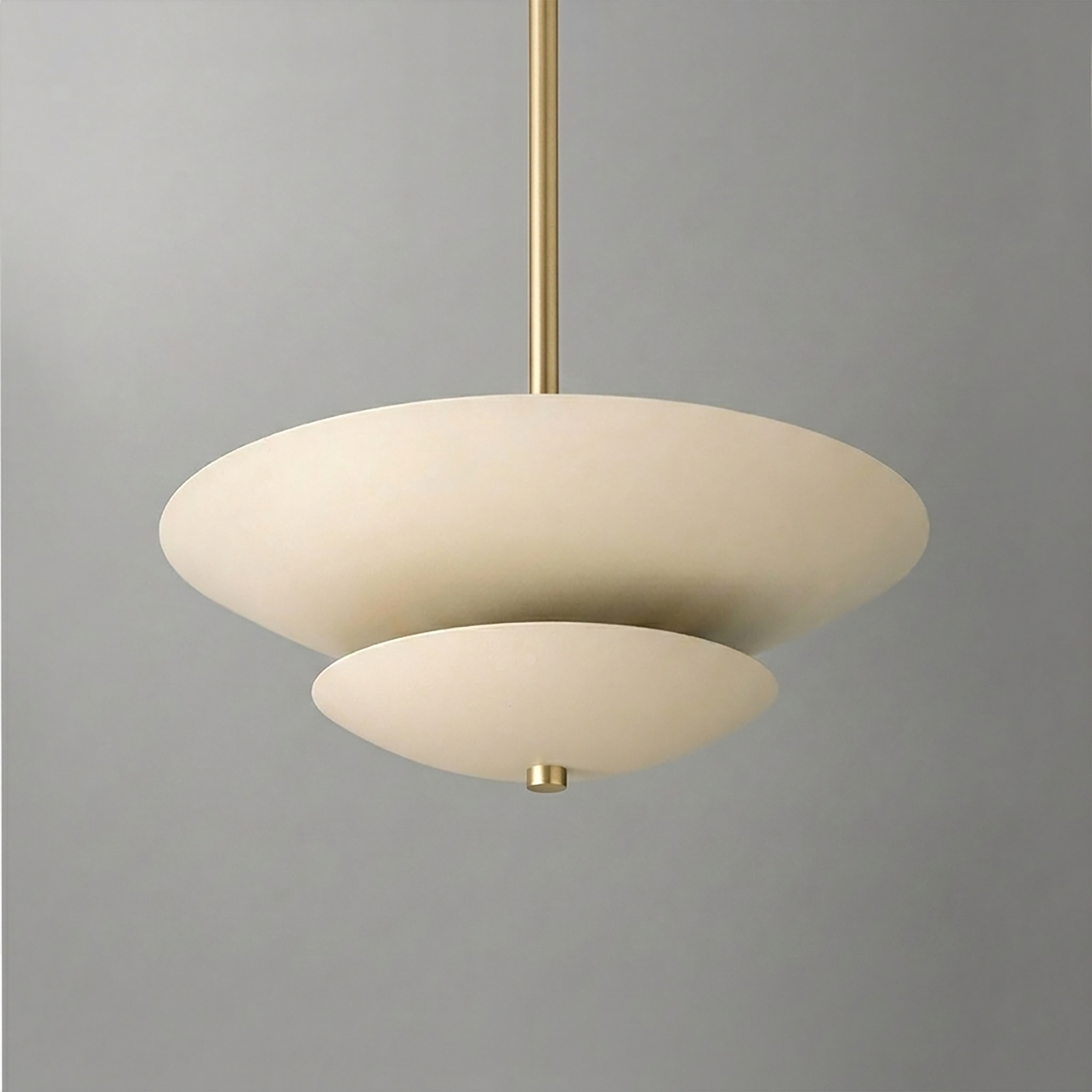 Mid-century modern chandelier with two white disc-shaped shades and brass rod suspension. - CHANDELIER MODEL NO. 3434