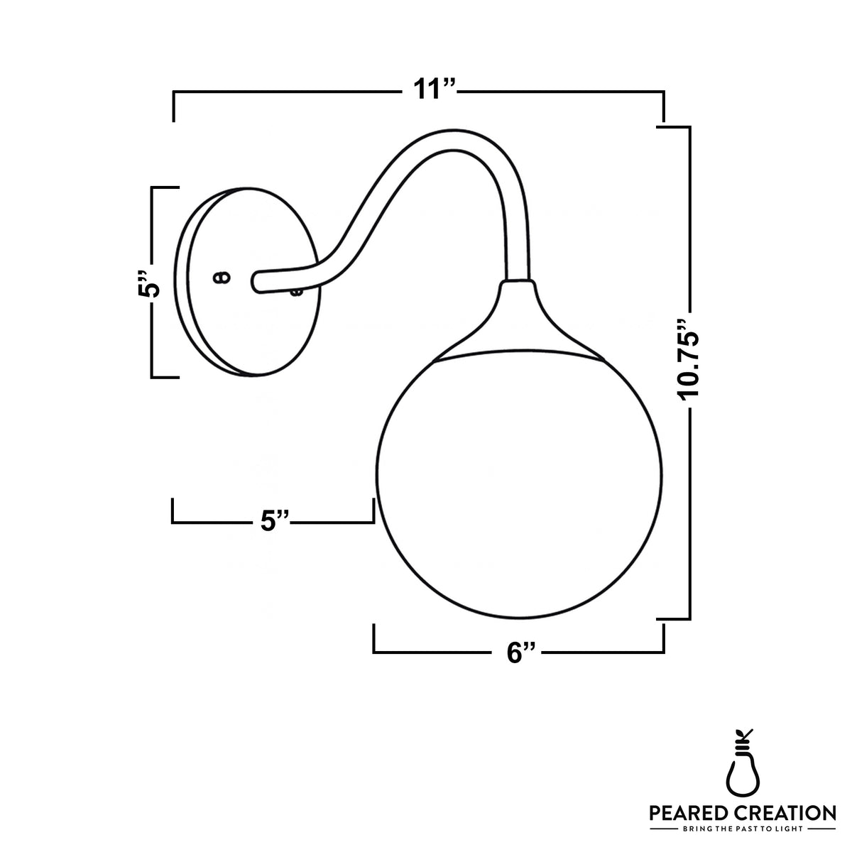 Wall sconce with curved arm and round globe shade, dimensions labeled in black line drawing. - SCONCE MODEL NO. 8734