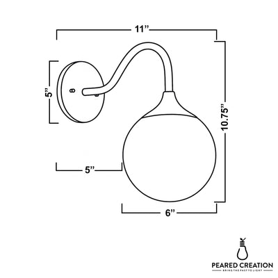 Wall sconce with curved arm and round globe shade, dimensions labeled in black line drawing. - SCONCE MODEL NO. 8734