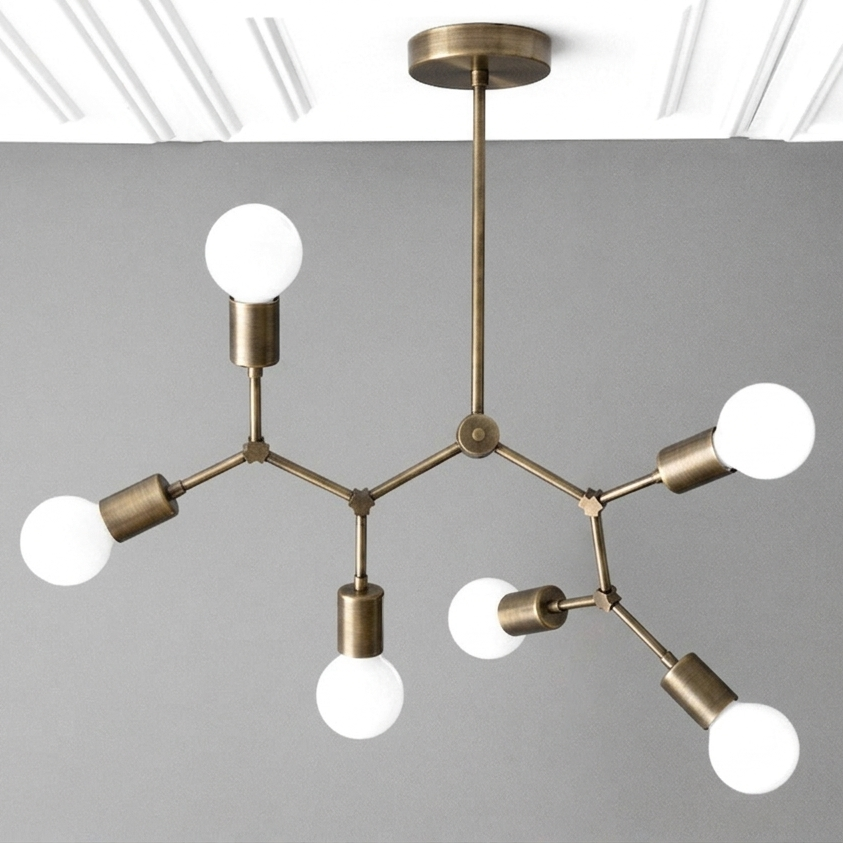 Brushed brass Art Deco chandelier with five exposed white globe bulbs on geometric arms. - CHANDELIER MODEL NO. 2524