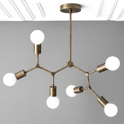 Brushed brass Art Deco chandelier with five exposed white globe bulbs on geometric arms. - CHANDELIER MODEL NO. 2524