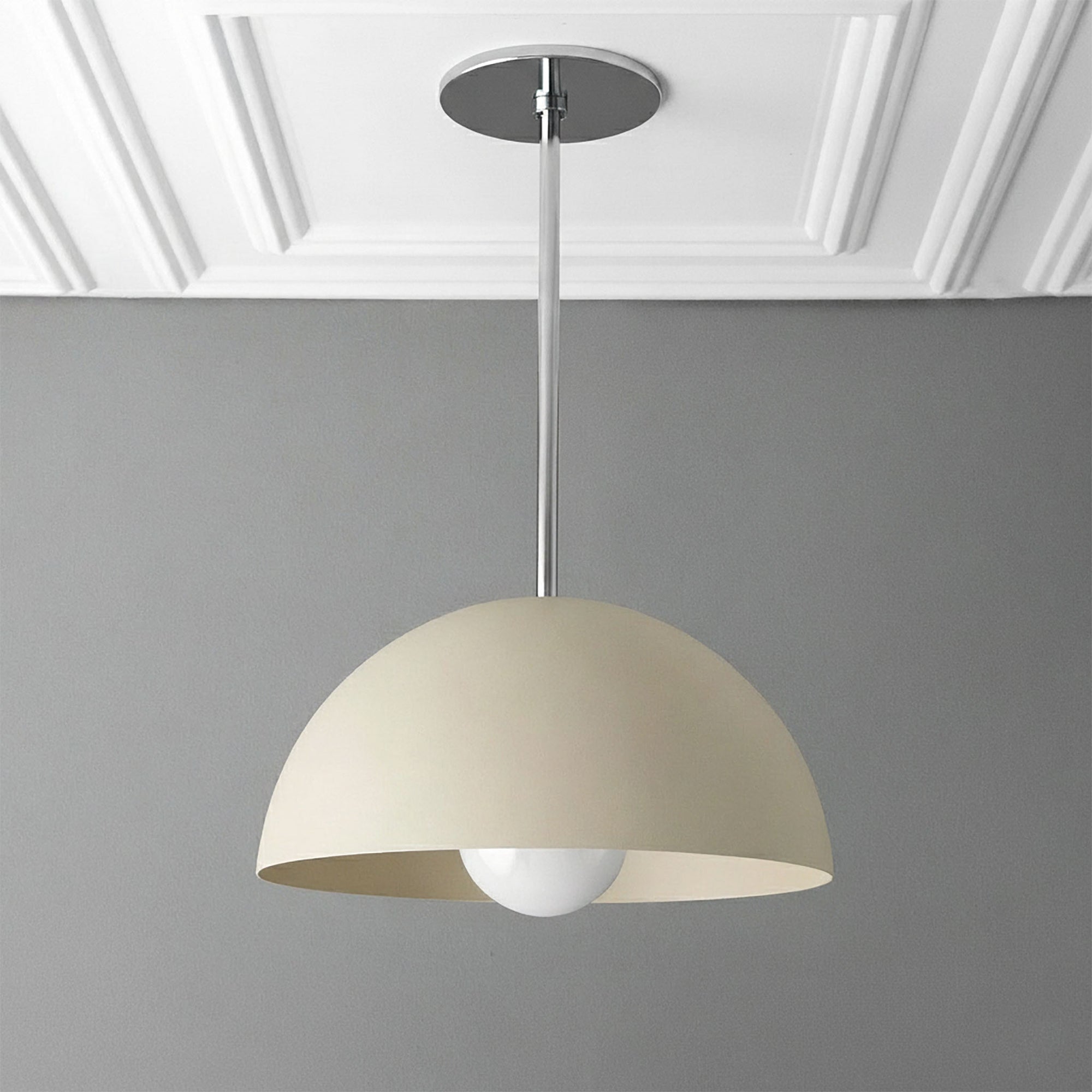 Ivory dome-shaped pendant light with smooth matte finish and exposed bulb suspended from a silver rod. - PENDANT MODEL NO. 6673
