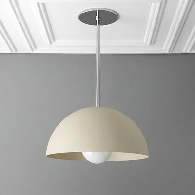 Ivory dome-shaped pendant light with smooth matte finish and exposed bulb suspended from a silver rod. - PENDANT MODEL NO. 6673