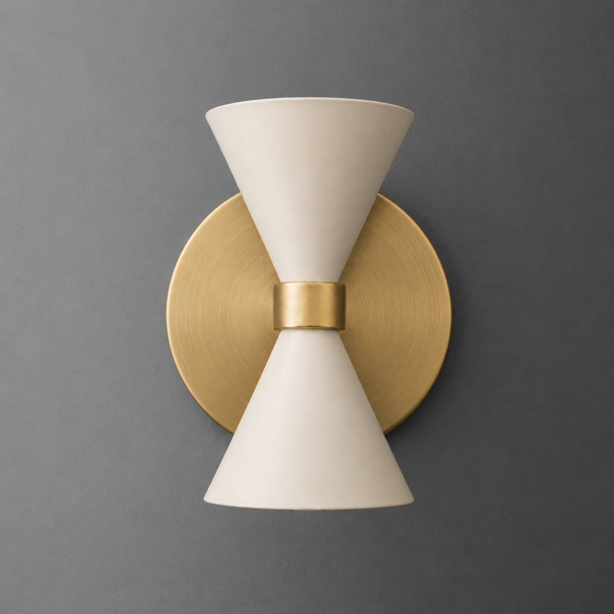 Two-bulb wall sconce with matte white hourglass shades and round brushed brass backplate. - SCONCE MODEL NO. 5143