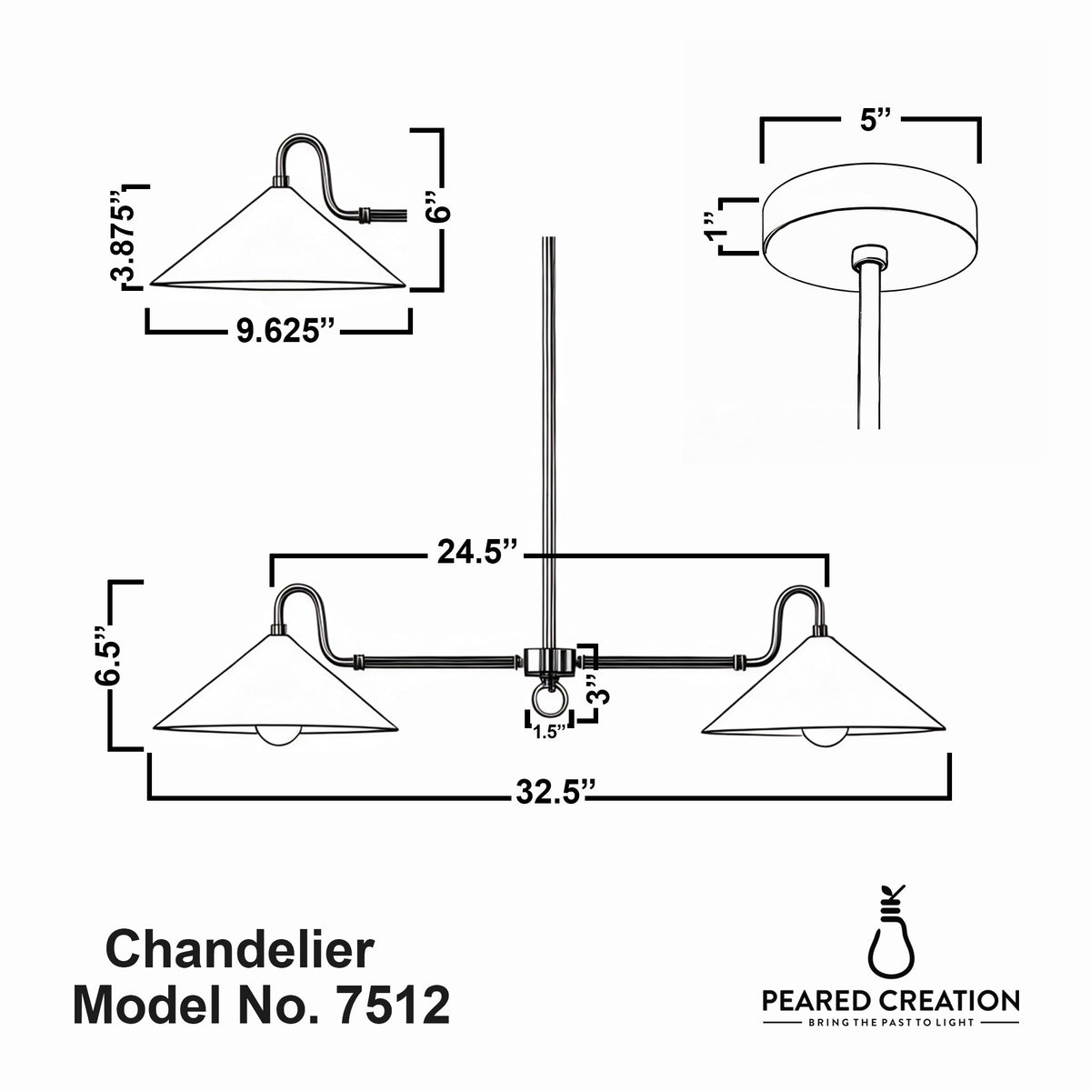 Black metal linear farmhouse chandelier with two cream fabric shades and adjustable rod. - CHANDELIER MODEL NO. 7512