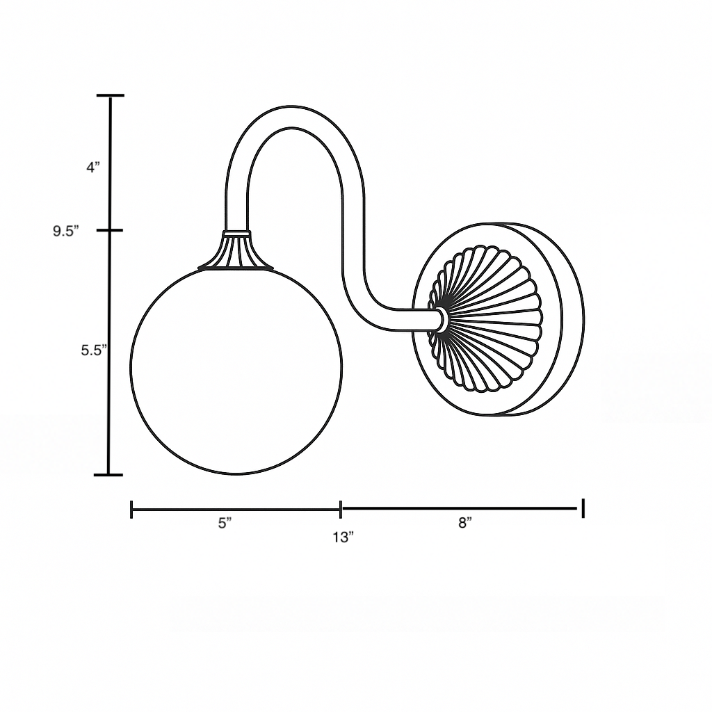 Black metal wall sconce with curved arm and round ribbed backplate, frosted glass globe shade. - SCONCE MODEL NO. 1085