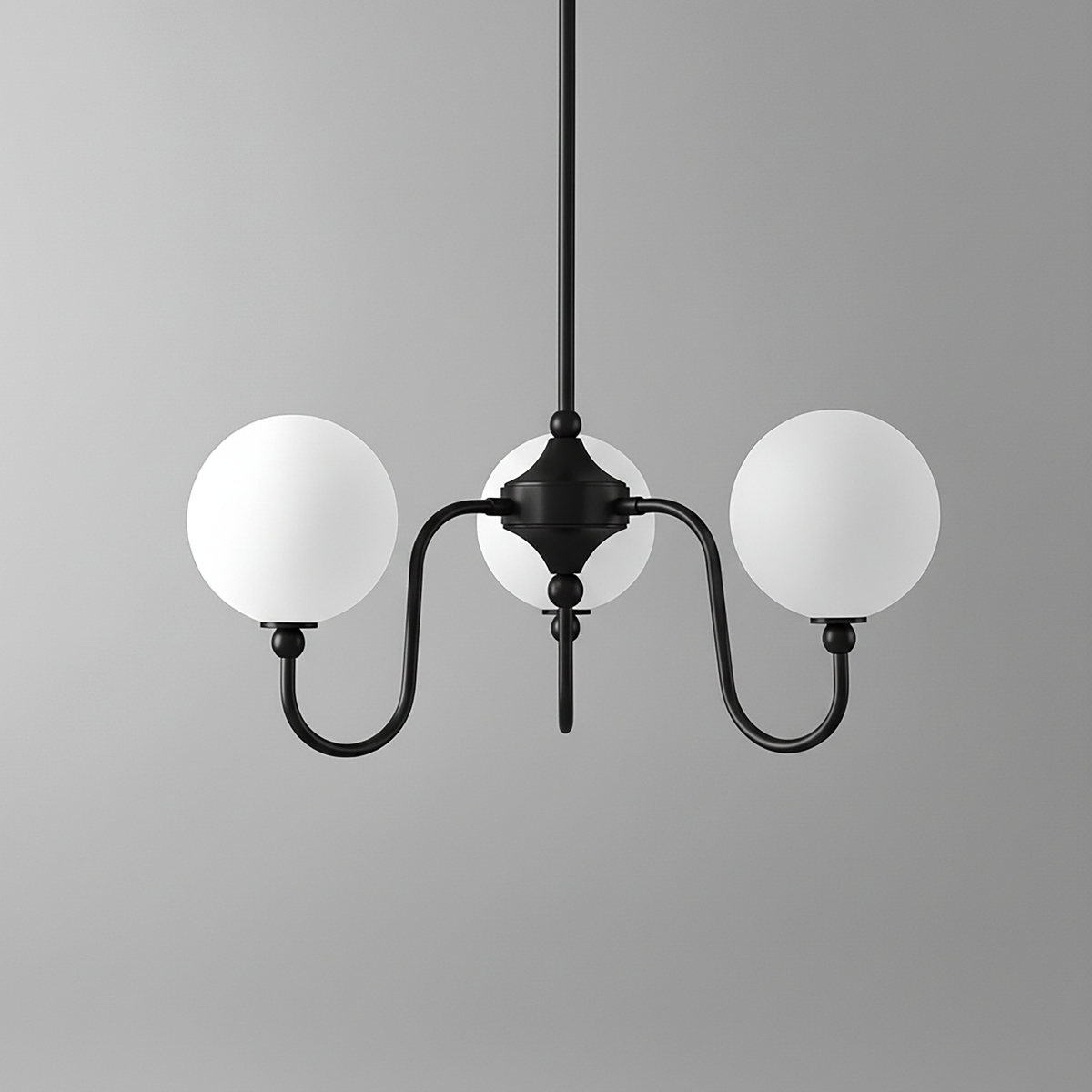 Black metal chandelier with two matte white globe shades and curved arms against gray background. - CHANDELIER MODEL NO. 0678