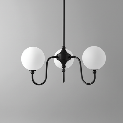 Black metal chandelier with two matte white globe shades and curved arms against gray background. - CHANDELIER MODEL NO. 0678
