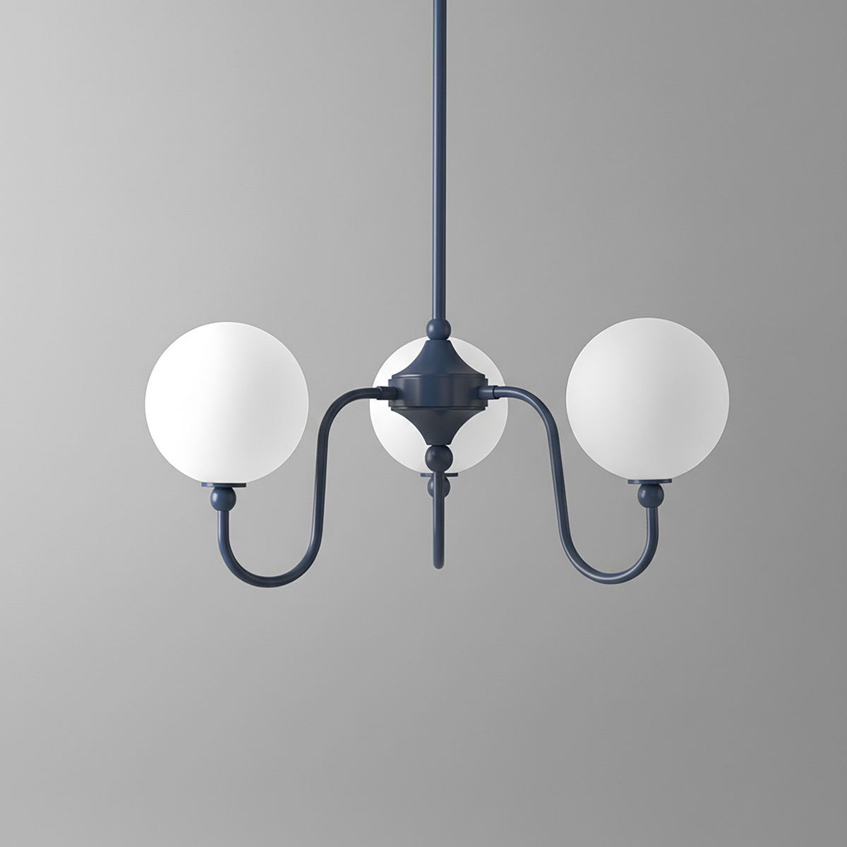 Minimalist chandelier with two white globe lights on curved coal blue arms against gray background. - CHANDELIER MODEL NO. 0678