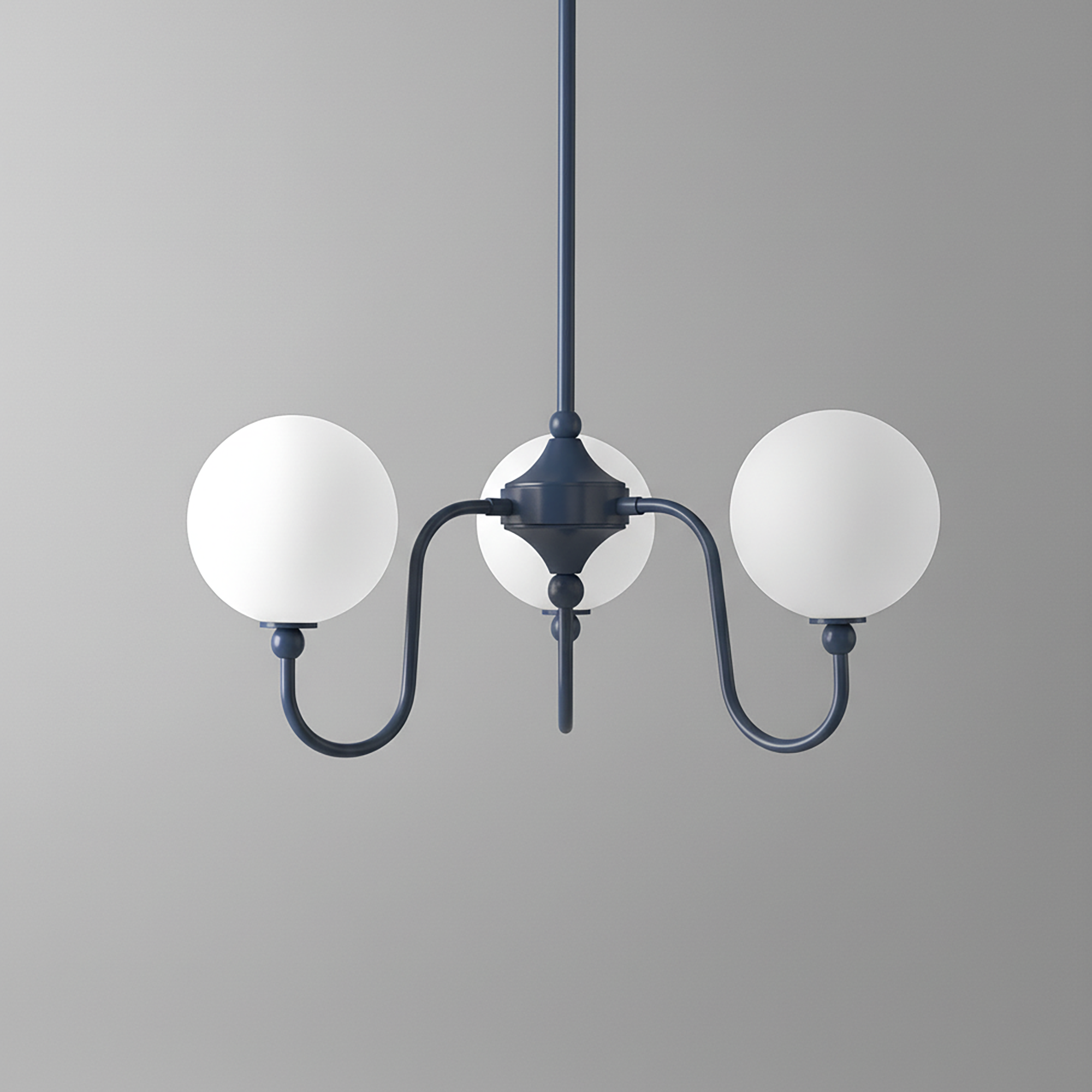 Minimalist chandelier with two white globe lights on curved coal blue arms against gray background. - CHANDELIER MODEL NO. 0678