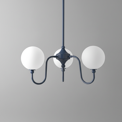 Minimalist chandelier with two white globe lights on curved coal blue arms against gray background. - CHANDELIER MODEL NO. 0678