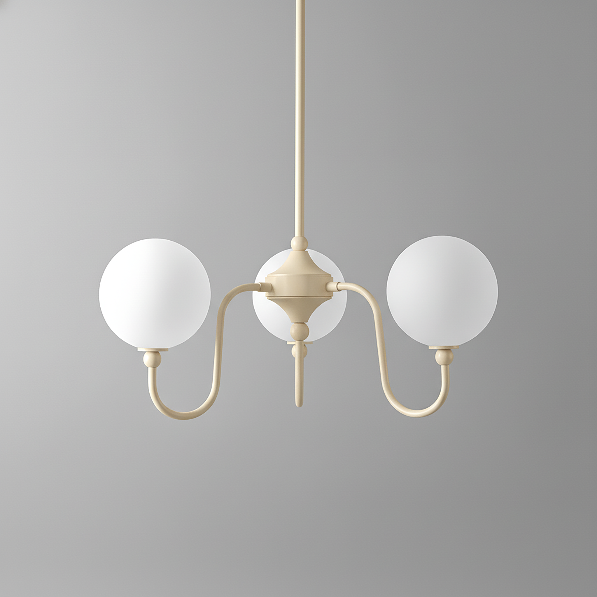 Minimalist chandelier with two white frosted glass globes and cream metal arms. - CHANDELIER MODEL NO. 0678
