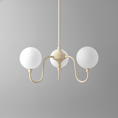 Minimalist chandelier with two white frosted glass globes and cream metal arms. - CHANDELIER MODEL NO. 0678