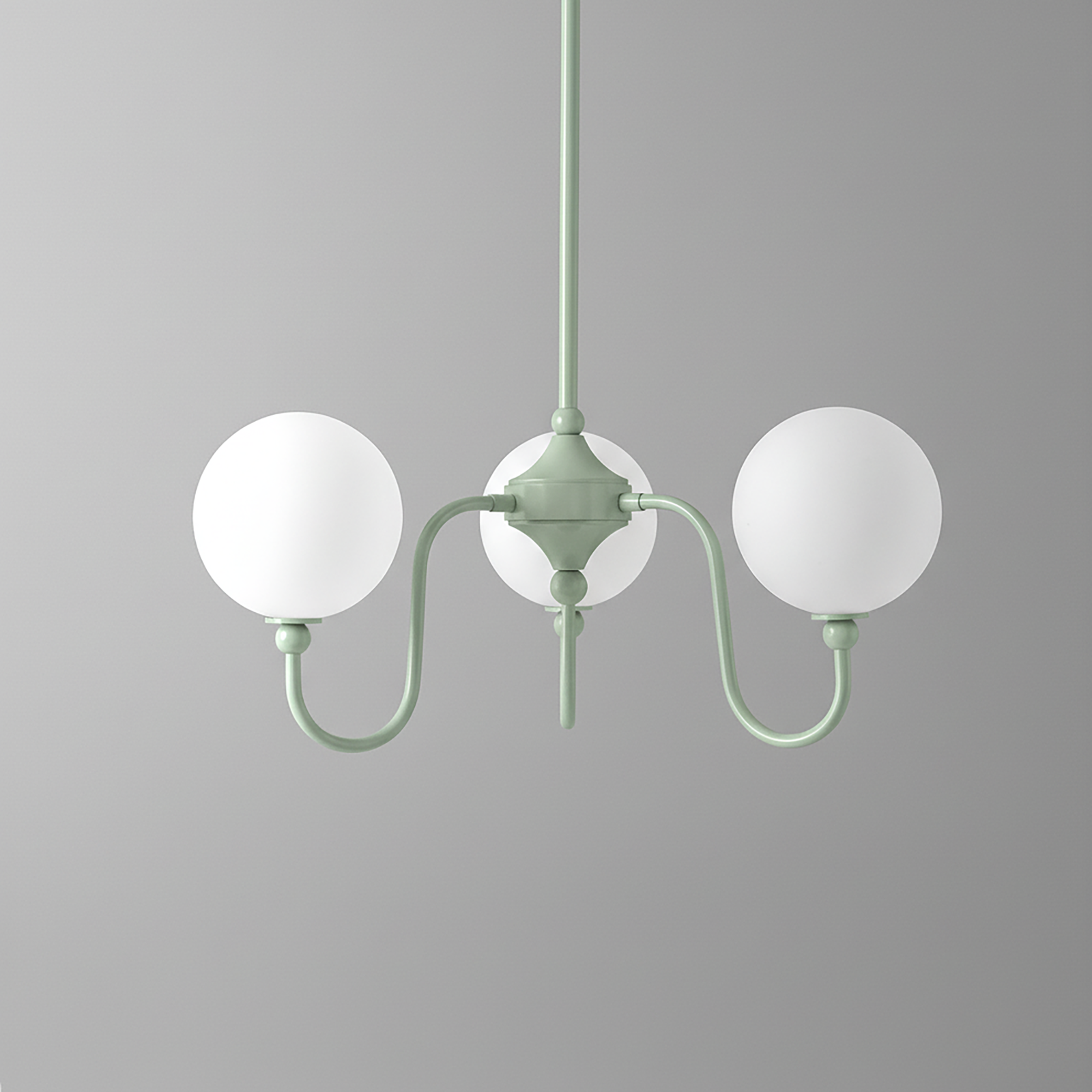 Minimalist chandelier with two white frosted glass globes and matte sage green metal frame. - CHANDELIER MODEL NO. 0678