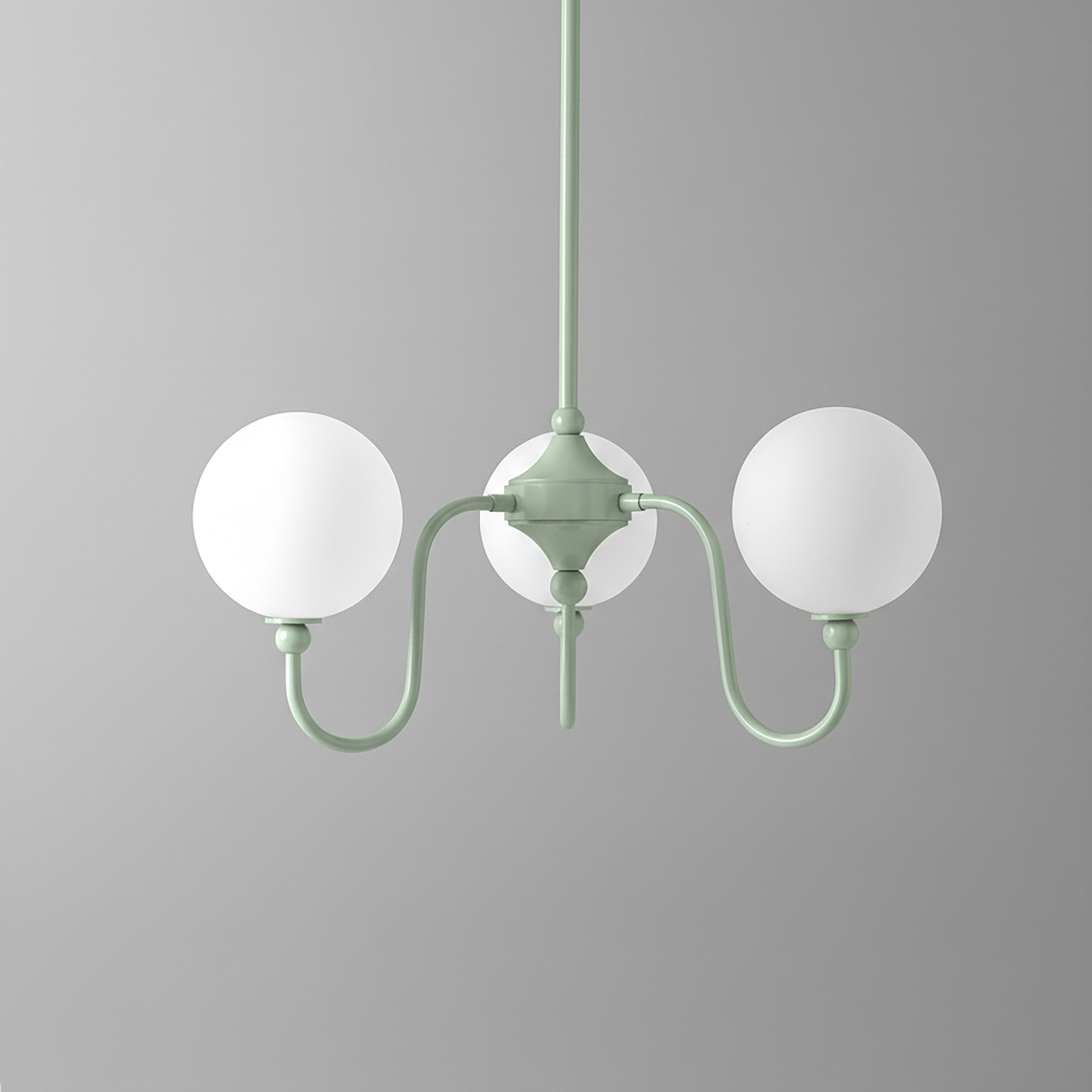 Minimalist chandelier with two white frosted glass globes and matte sage green metal frame. - CHANDELIER MODEL NO. 0678