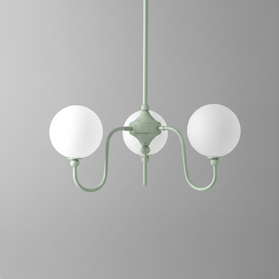 Minimalist chandelier with two white frosted glass globes and matte sage green metal frame. - CHANDELIER MODEL NO. 0678