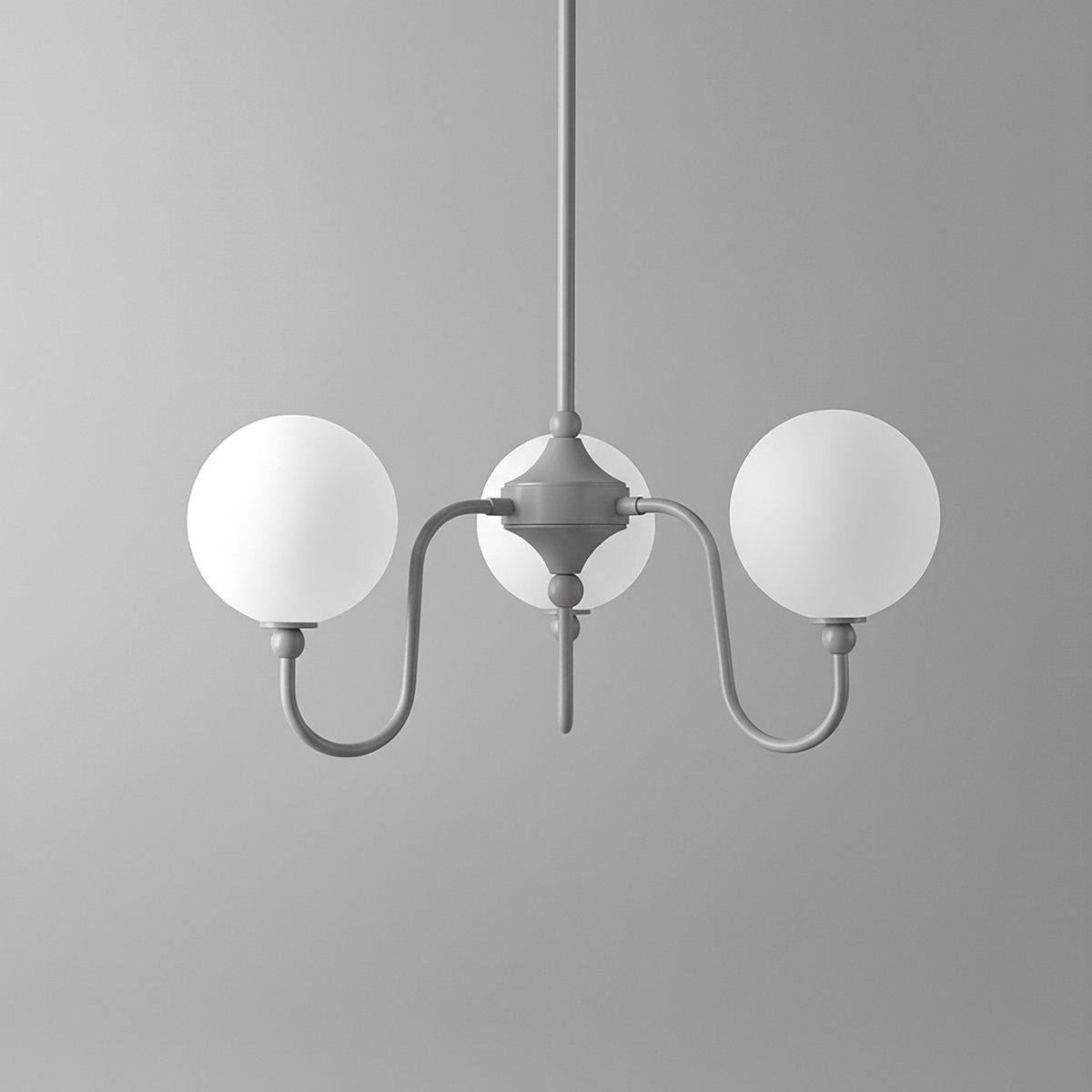 Minimalist chandelier with two white globe lights and matte gray curved arms on a matching central fixture. - CHANDELIER MODEL NO. 0678