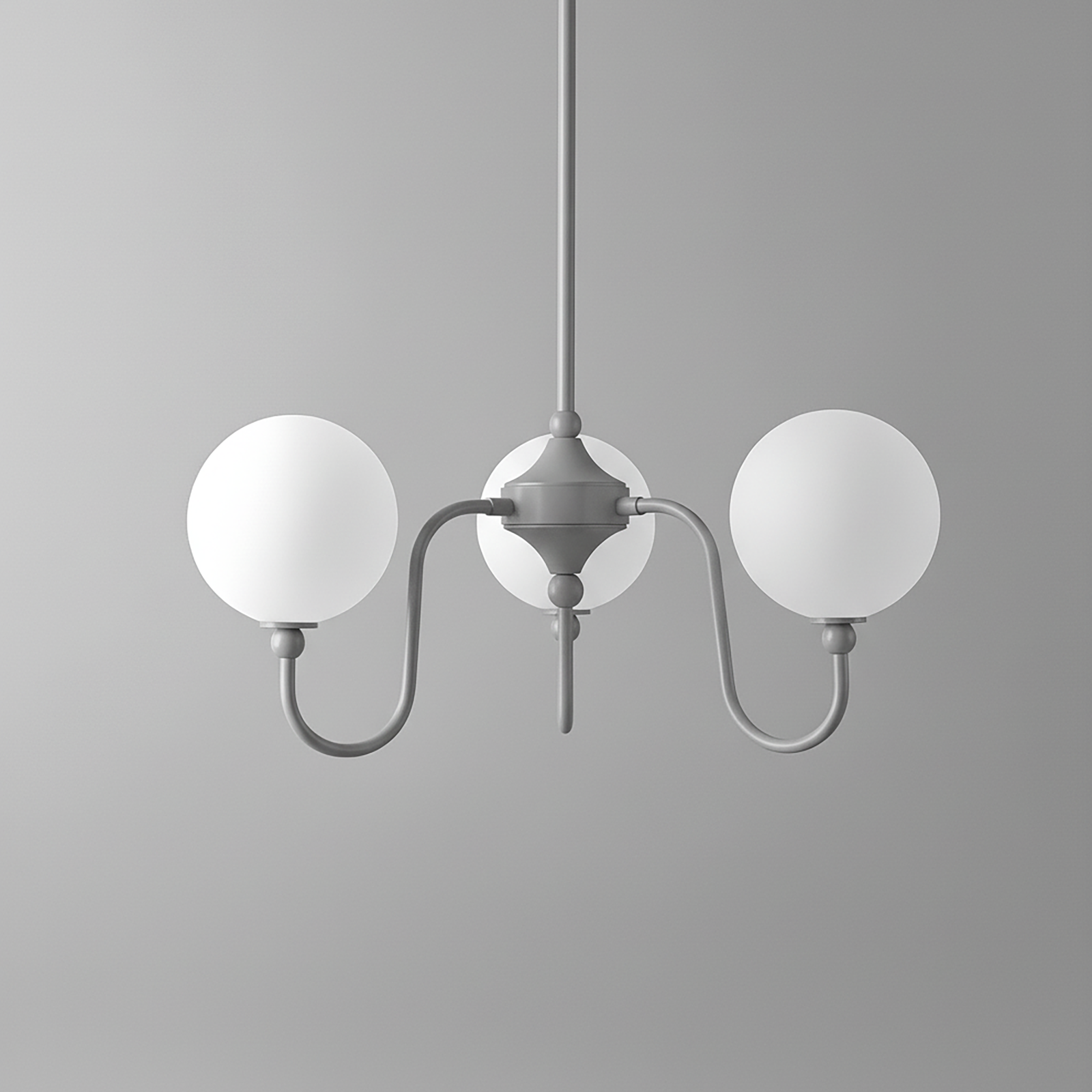 Minimalist chandelier with two white globe lights and matte gray curved arms on a matching central fixture. - CHANDELIER MODEL NO. 0678