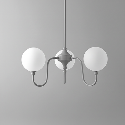 Minimalist chandelier with two white globe lights and matte gray curved arms on a matching central fixture. - CHANDELIER MODEL NO. 0678