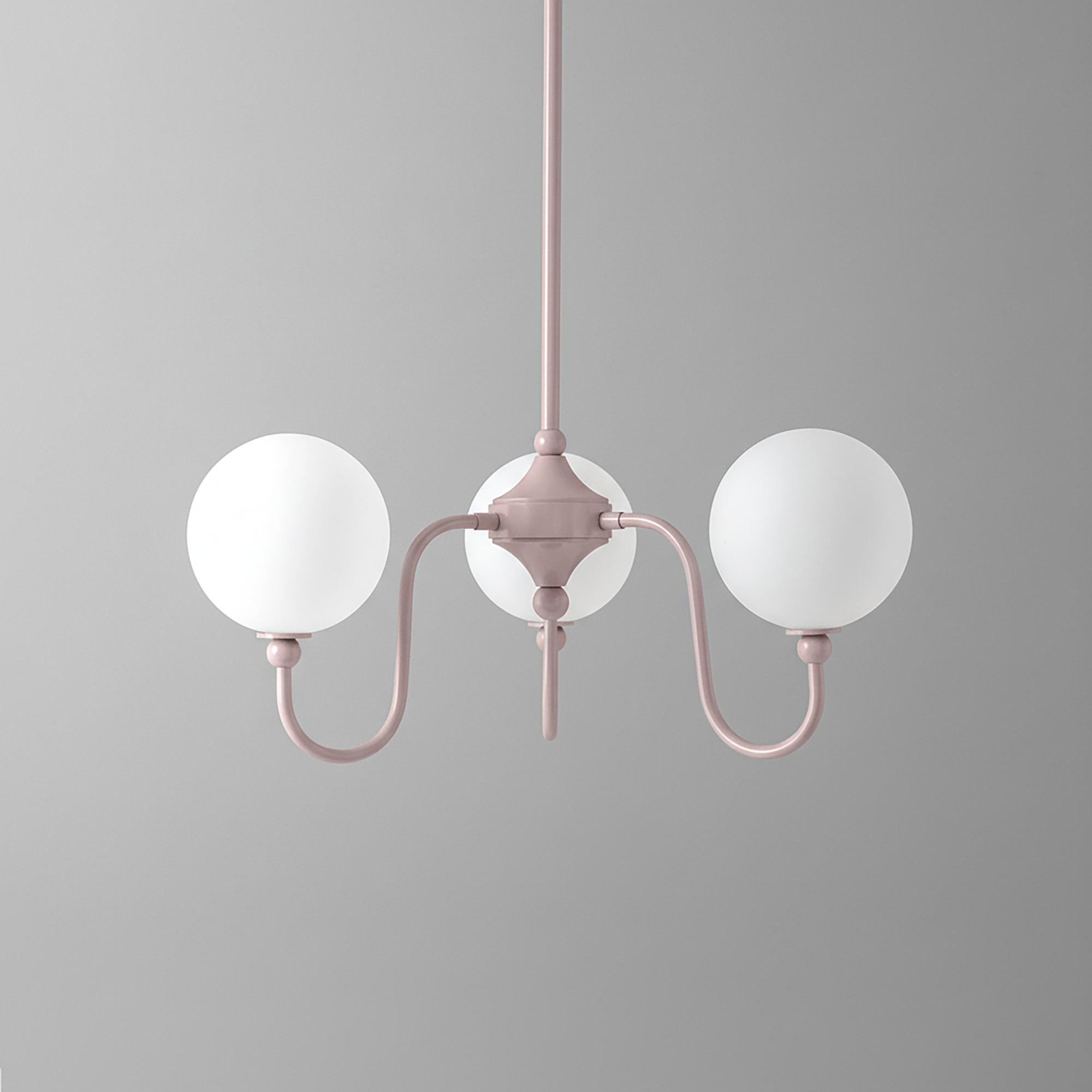 Minimalist chandelier with two white frosted glass globes and matte pink metal frame. - CHANDELIER MODEL NO. 0678