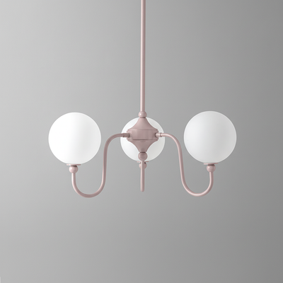 Minimalist chandelier with two white frosted glass globes and matte pink metal frame. - CHANDELIER MODEL NO. 0678