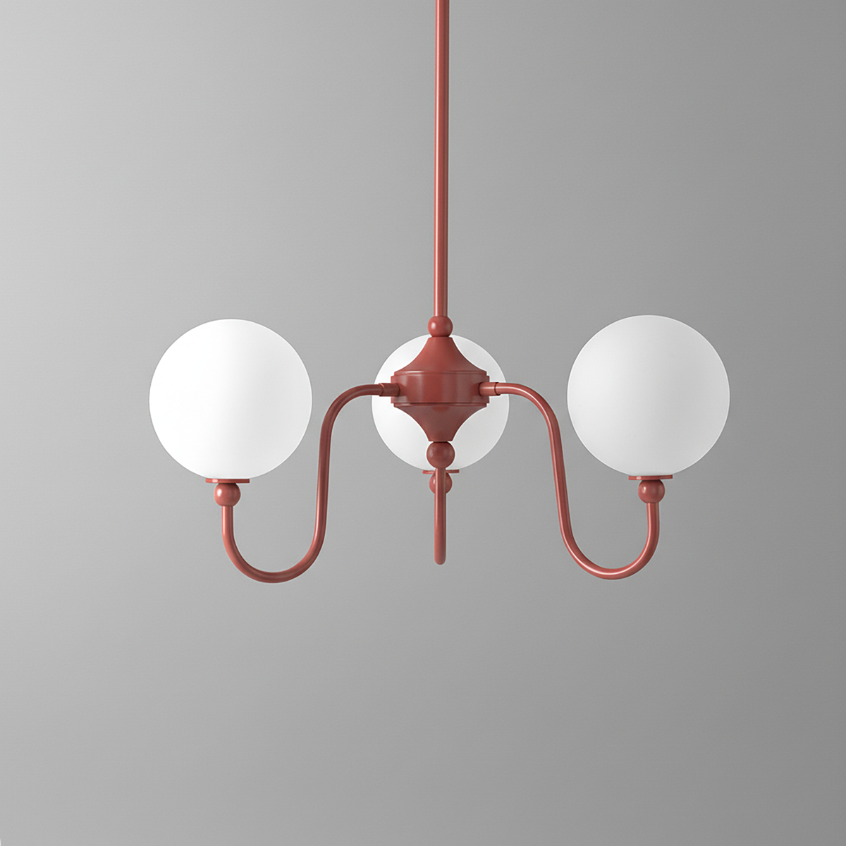 Modern chandelier with two white frosted glass globes and rust-colored metal arms in a minimalist design. - CHANDELIER MODEL NO. 0678