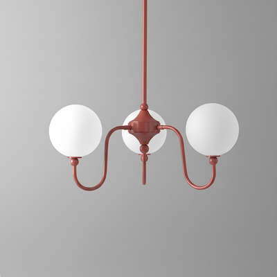 Modern chandelier with two white frosted glass globes and rust-colored metal arms in a minimalist design. - CHANDELIER MODEL NO. 0678