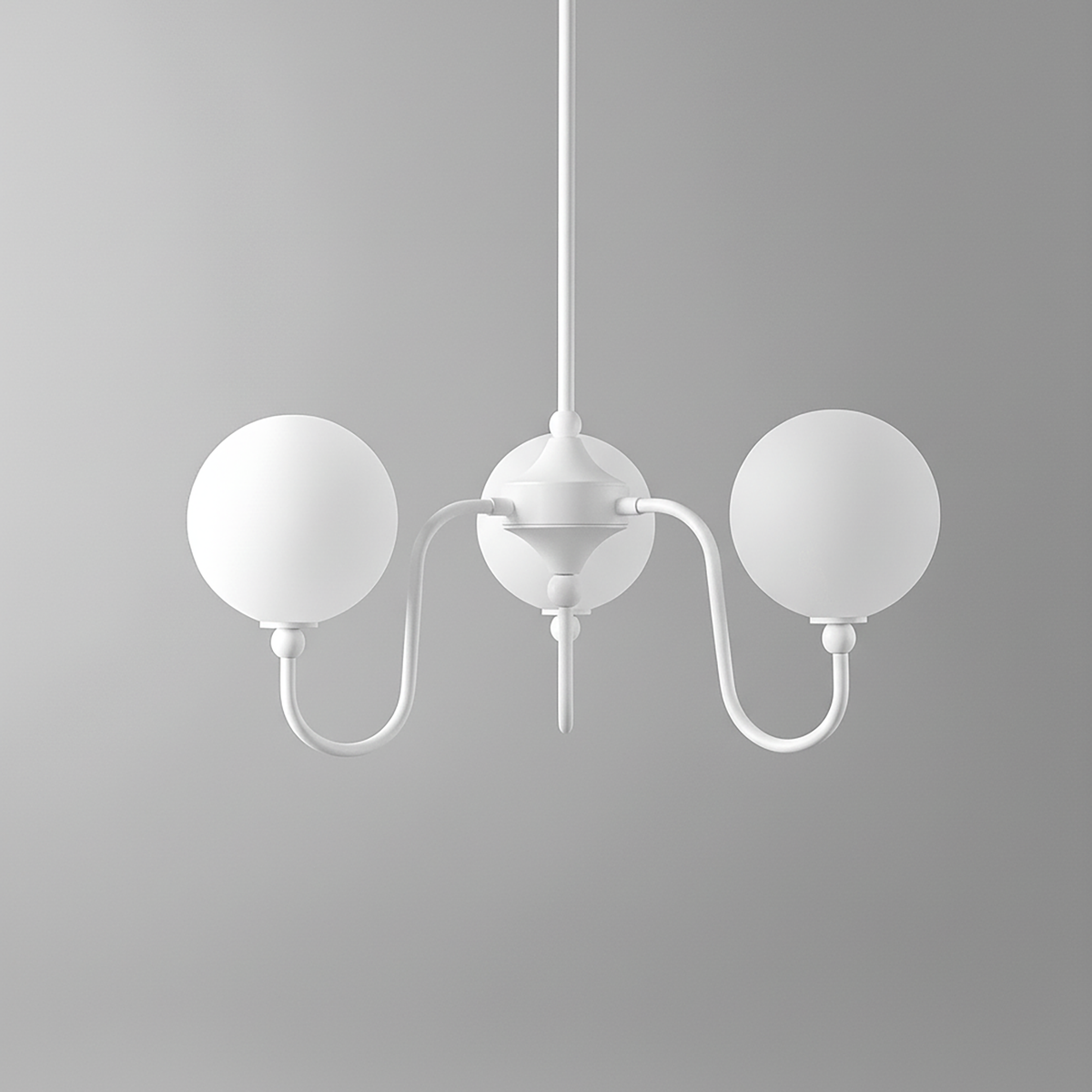 White minimalist chandelier with two frosted globe lights and curved arms. - CHANDELIER MODEL NO. 0678